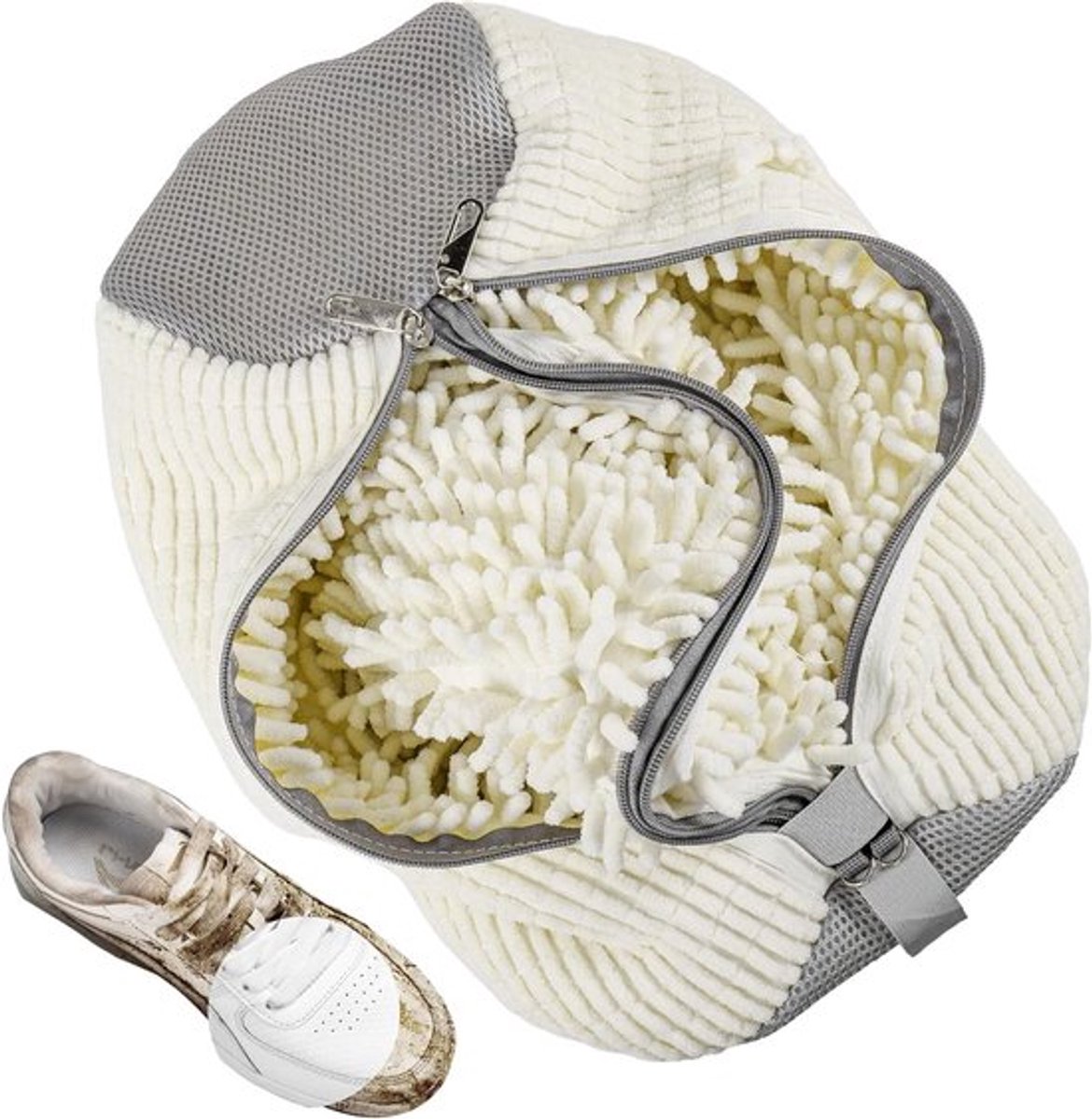 2-in-1 Waszak voor Schoenen, Herbruikbare Waszak voor de Wasmachine met Rits, 360° Reiniging voor Sneakers en Sportschoenen, Wit