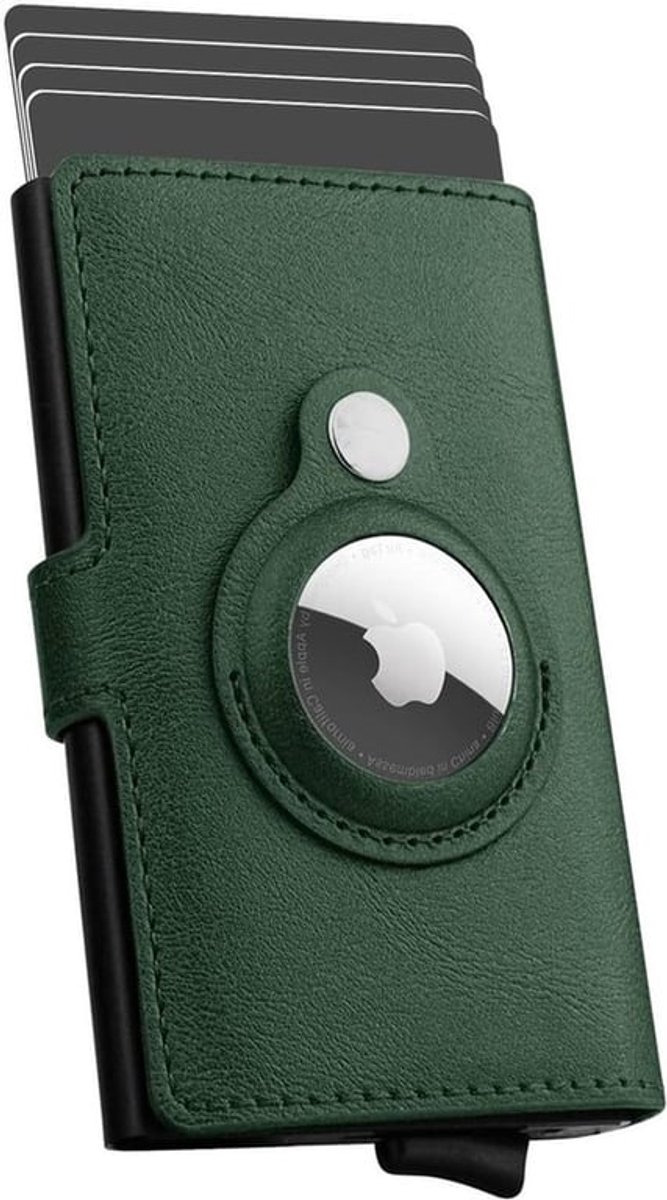 Slimme RFID Kaart Houder met AirTag Compatibiliteit, Leer, Metalen Pop-Up Case voor Tot 6 Kaarten, Donkergroen, Unisex, Perfect voor Veiligheid en Draagbaarheid