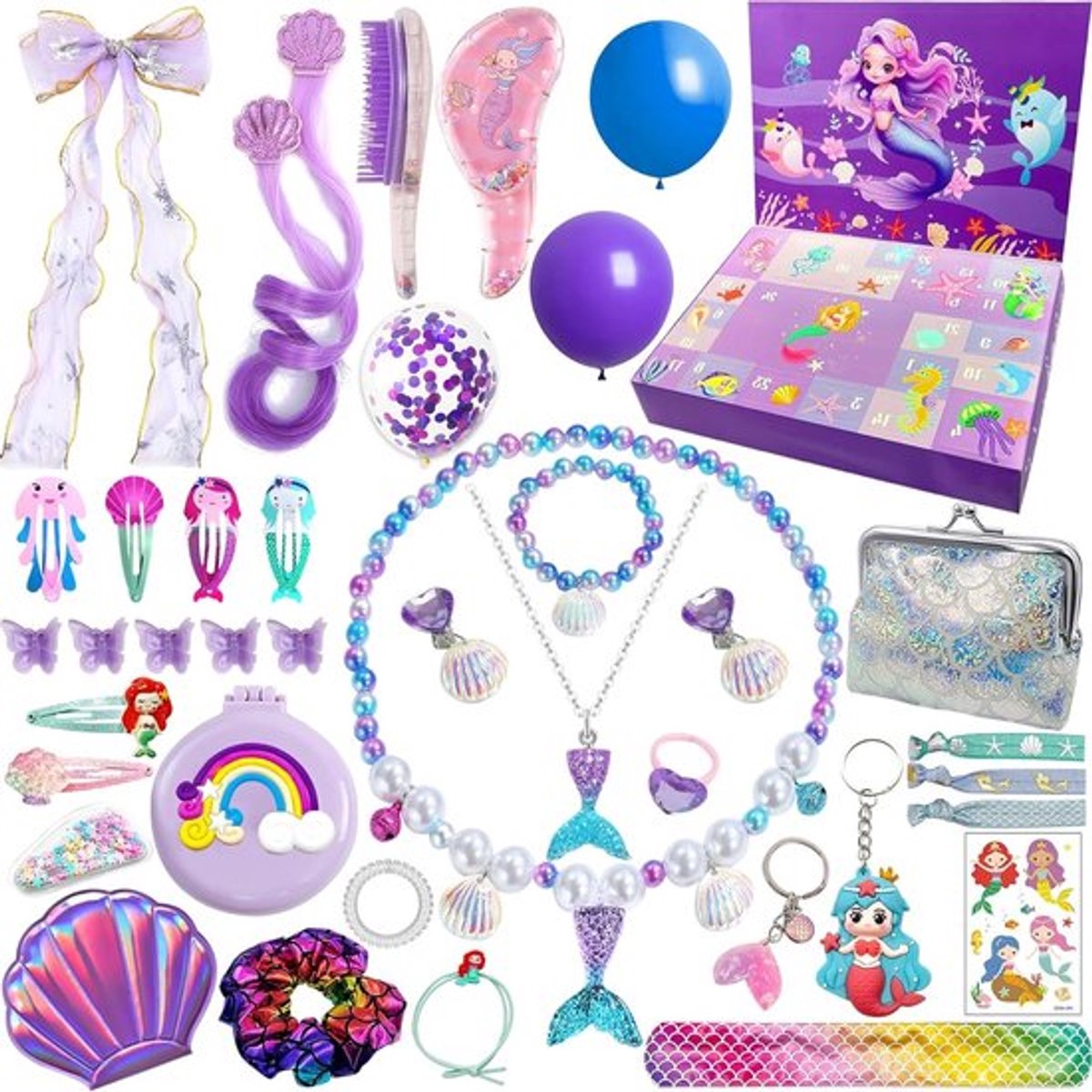 Adventskalender met 24 dagen, kerstafcountdown, verrassingen voor meisjes, cadeau-ideeën voor kinderen, haaraccessoires en zeemeermin-cadeaus