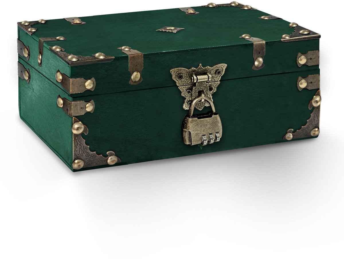 SnelShoppen - Houten Schatkist, Vintage Piratenschatkist met Slot, 23 x 16 x 9,5 cm, Groen, Voor Kinderverjaardag, Bruiloft, Opslag en Decoratie