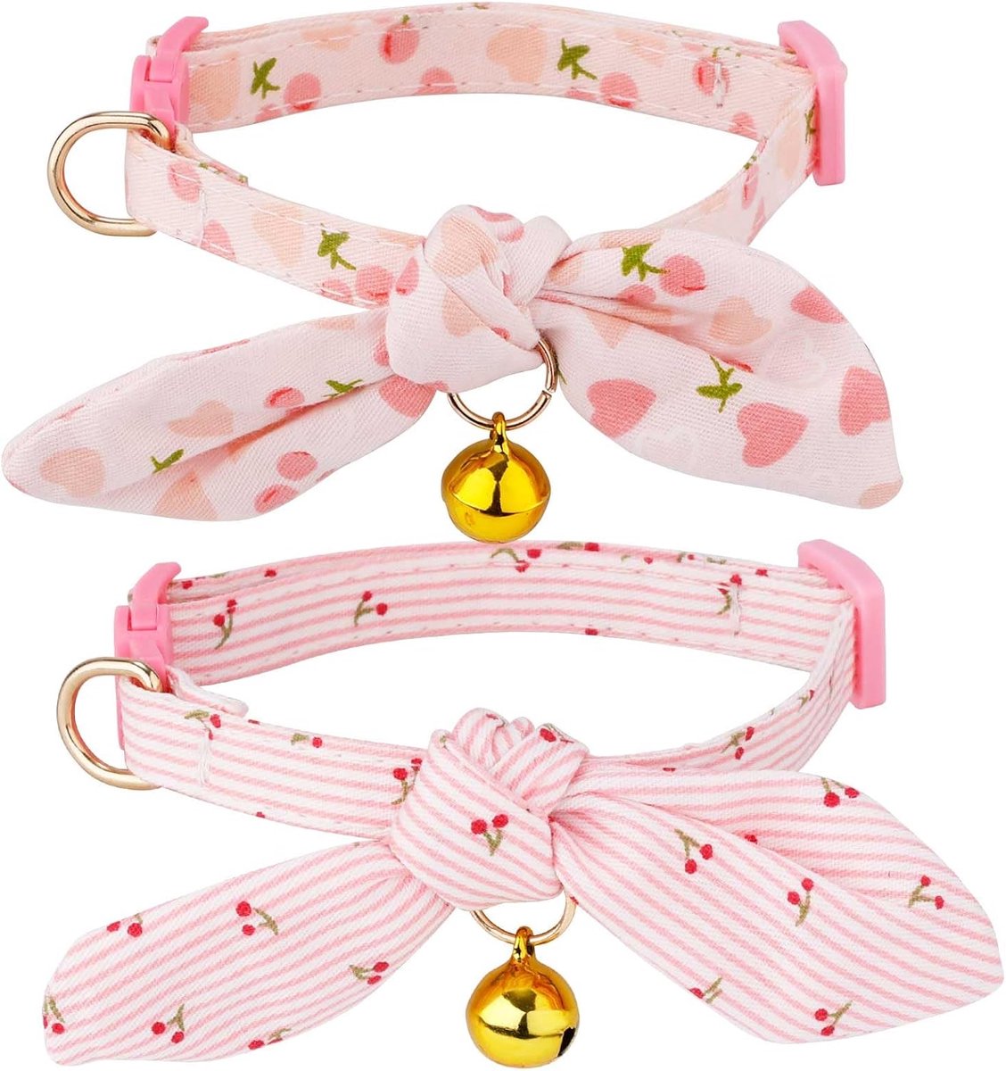 SnelShoppen - 2 Stuks Katoenen Strikje Kattenhalsband met Bel, Afneembare en Verstelbare Kraag voor Katten, Roze Hart en Kers Design, Perfect voor Vro