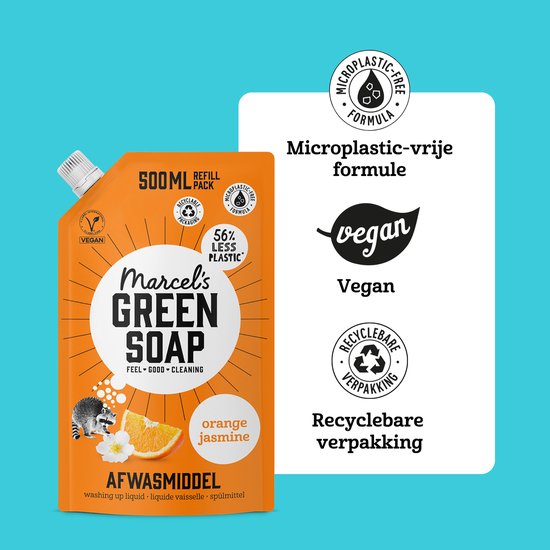 Oranje navulverpakking 'Marcel's Green Soap' met 'Orange Jasmine' geur. Met vegan logo, microplastic-vrije formule en recyclebare verpakking. Afbeelding van wasbeer en sinaasappel.