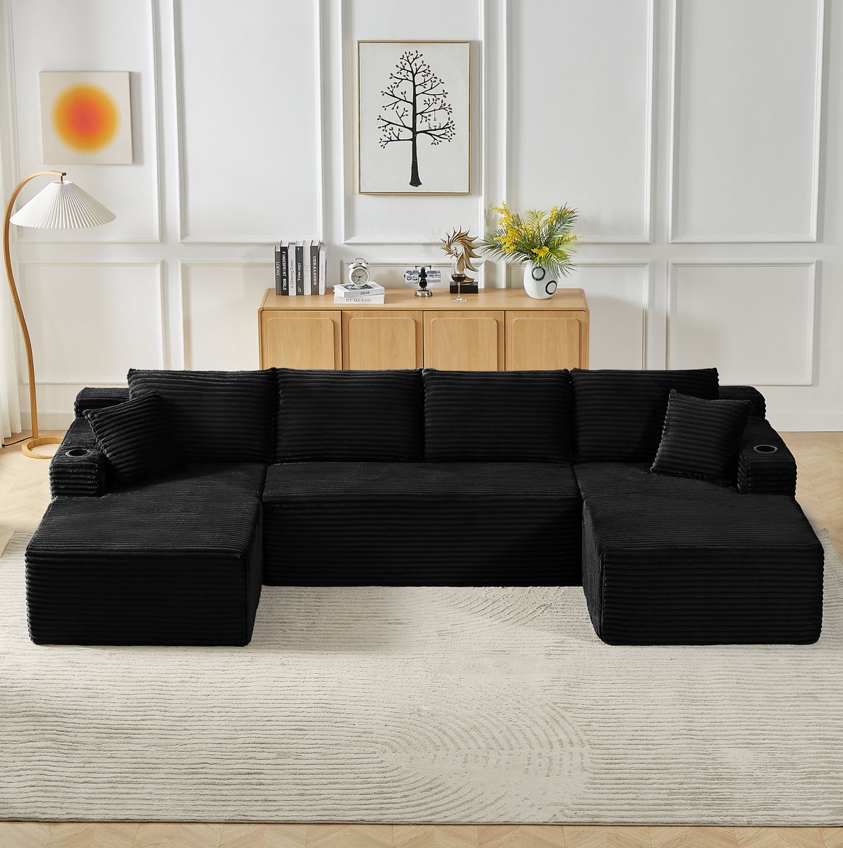 MIVRAY Bank U-bank 6-Zits - Modulaire U-Vormige Bank Zonder Montage Met Diepe Zit - Voor Woonkamer En Lounge - Corduroy - Zwart