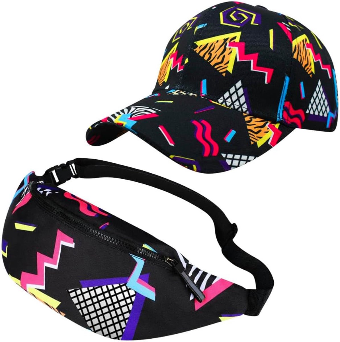 SnelShoppen - 2Stuks 80s 90s Retro Pet voor Dames Heren Heuptas Baseball Pet Neon Kostuums Heuptas Zonnehoed voor Rave Reizen Thema Feest, Zwart, One