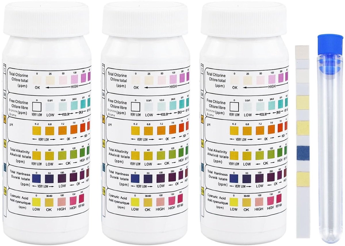 SnelShoppen - Pack van 3 pH Test Strips 6-in-1 voor Zwembad, Spa en Whirlpool - Water Test Kit met 150 Teststrips en Testbuis voor Alkaliniteit, Cyanu