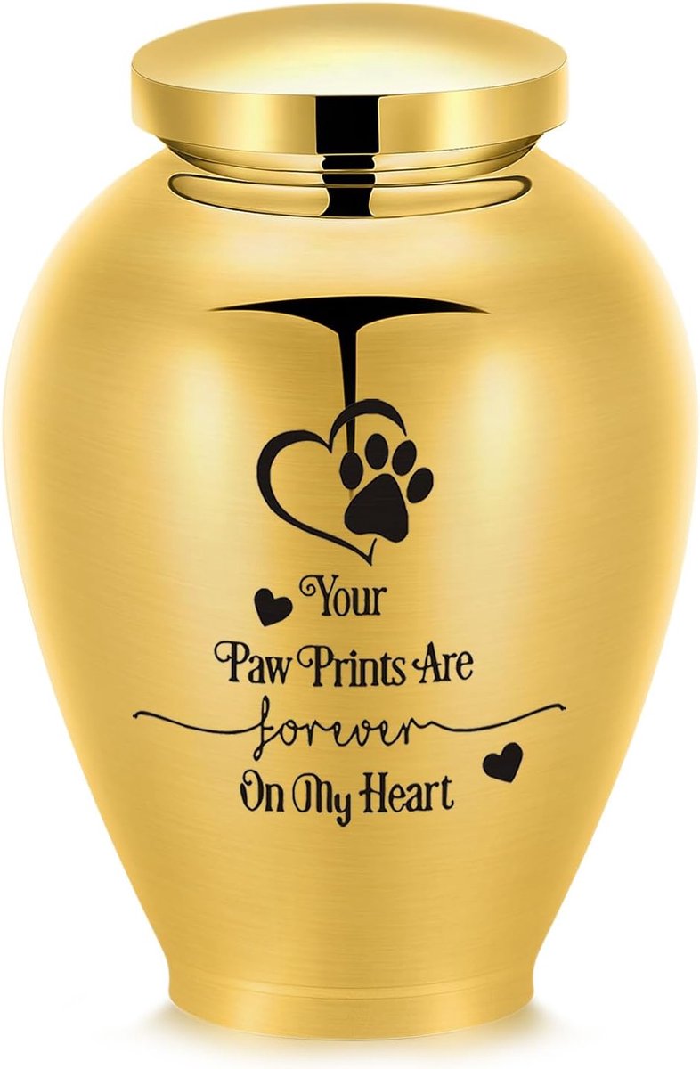 SnelShoppen - Grote Crematie Urn voor Honden en Katten - Persoonlijke Dieren Urn - Handgemaakt van Hoogwaardige RVS - Goudkleur met Poot-Hart Motief -
