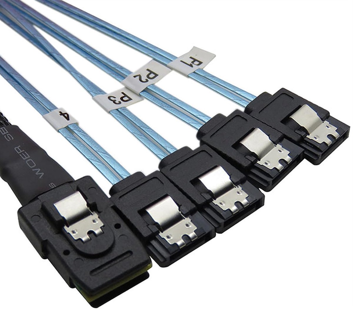 SnelShoppen - 36-pin interne mini-SAS SFF8087 kabel met ratel, 7-pin SATA vrouwelijke aansluiting (x4) voor harde schijven, 0.5 m lengte, 6 GB/s datao