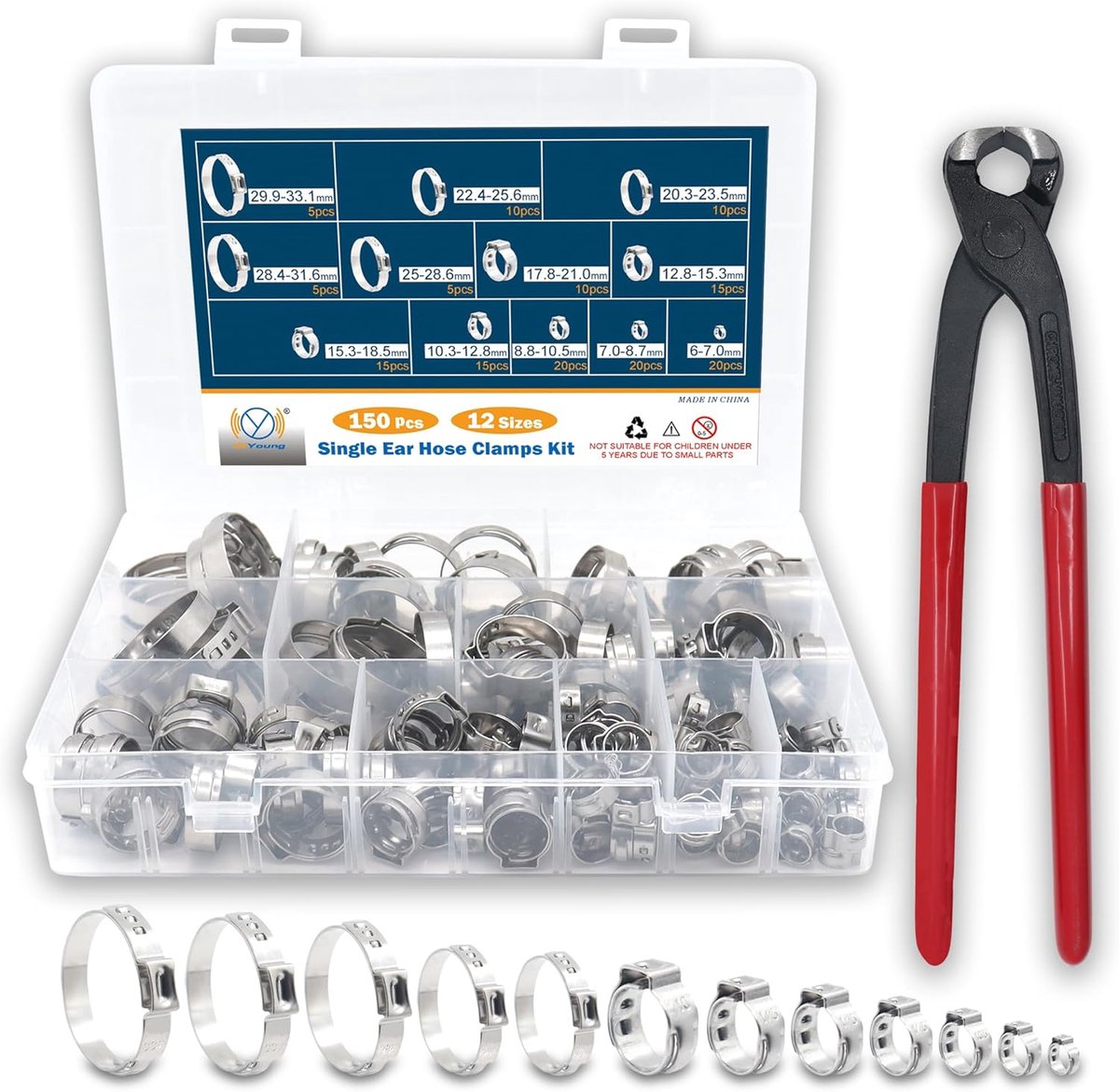 SnelShoppen - 150 Stuks 6-33.1mm RVS Slangklemmen Assortiment Set voor Waterleidingen, Sanitair en Auto (12 Maten + Tang)