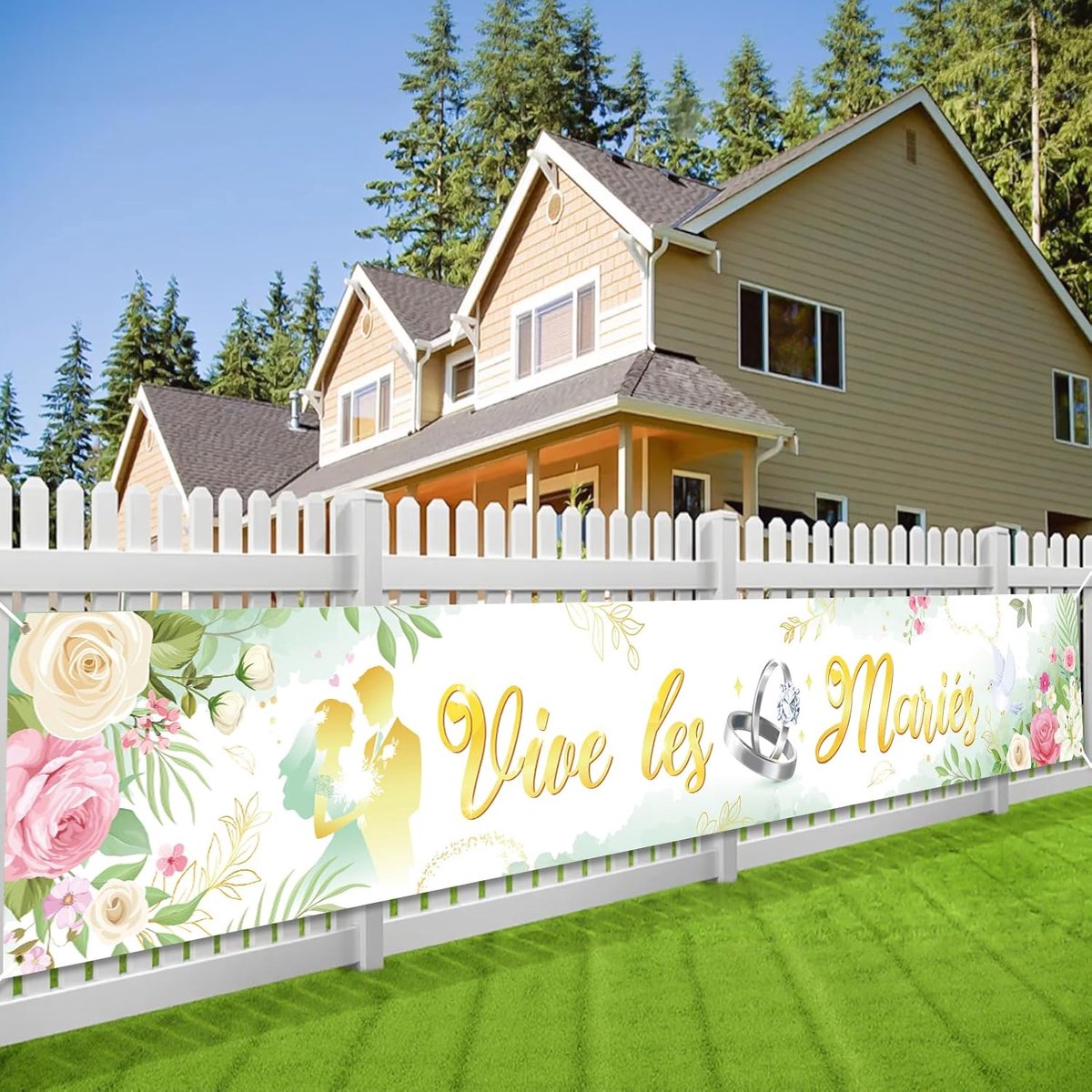 SnelShoppen - Mariage Décoration Banner Vive Les Mariés - 270 x 40 cm - Gouden Groene Huwelijksbannier voor Binnen en Tuin - Welkom Panneau voor Bruil
