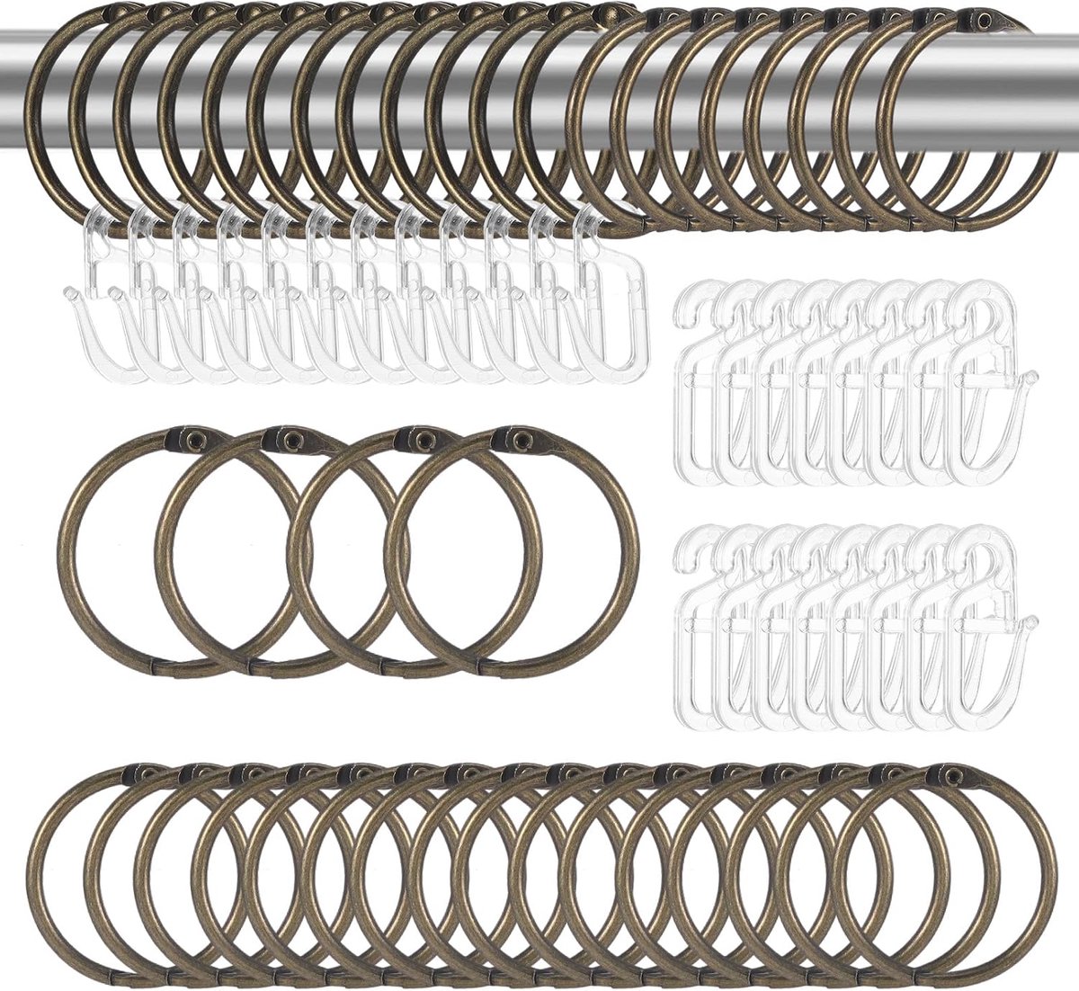 SnelShoppen - 40 Stuks Metalen Gordijnhaken S Haken, Douchegordijn Haken, Gordijnen met Haken, Gordijnringen (Zilver), Bruin, Veilig Ontwerp