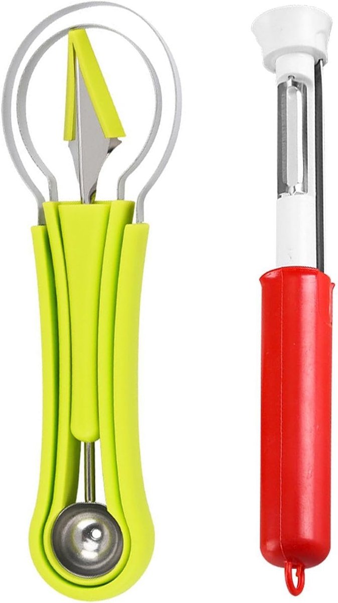 SnelShoppen - Fruit Kern Verwijderaar Set - 1 Stuk Fruit Kern Collector, 1 Stuk Ball Graver, 1 Stuk Graveren Mes - Keuken Gereedschap - Rood en Groen