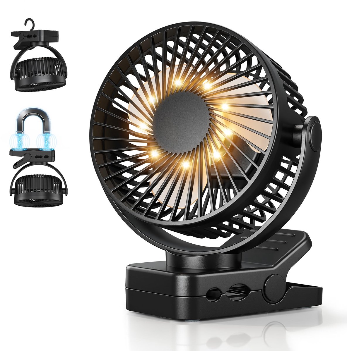 SnelShoppen - USB-clipventilator met 12000 mAh accu, 4-in-1 magnetische tafelventilator met afstandsbediening, 3 standen, LED-lamp, timer, 360 graden