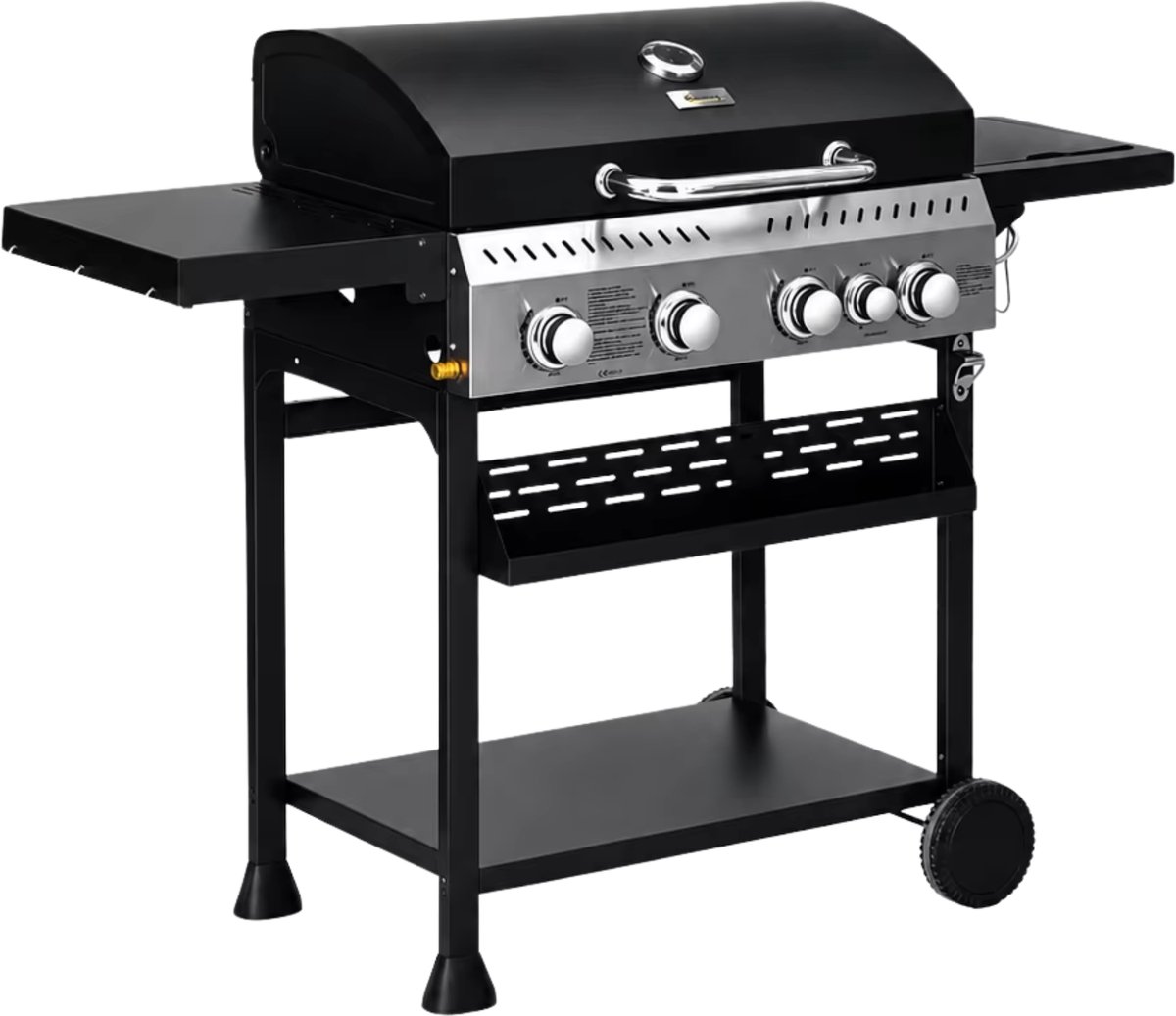 Gasbarbecue 4+1 Branders Zwart – 12,5 KW Propaan BBQ met Wielen, Zijplanken & Warmhoudrek