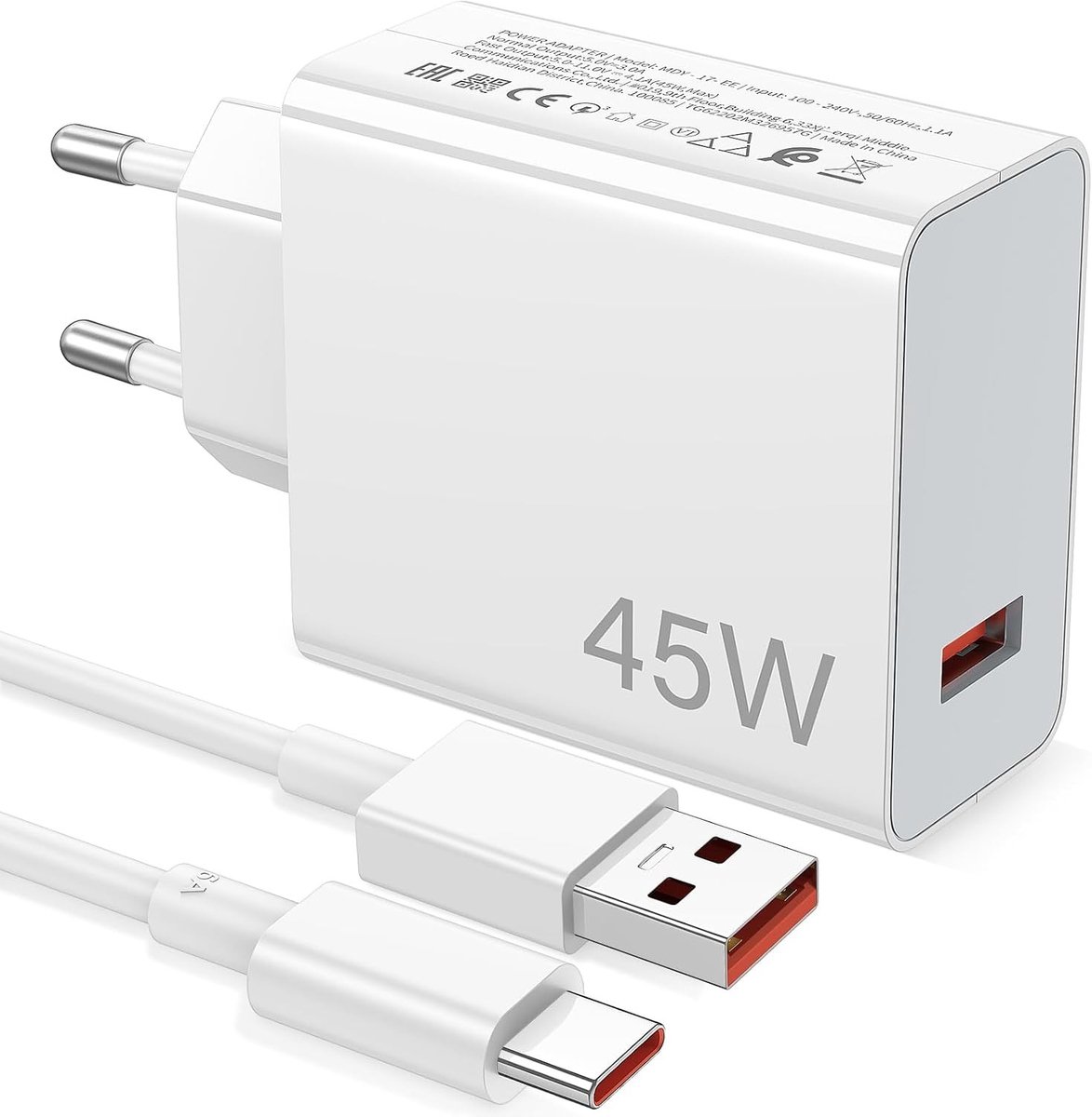 Krachtige 45W USB Oplader met 6A Type C Oplaadkabel van 1m voor Snelle Oplading van Smartphones en Tablets, Geschikt voor Diverse Modellen zoals Redmi Note 14, Poco X7 en Meer