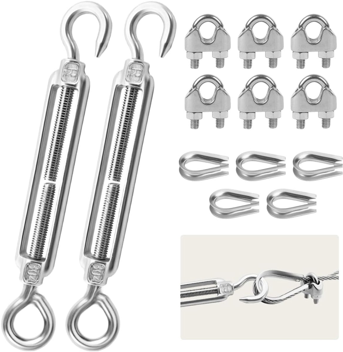 M6 Spanningshaak Set - Roestvrij staal - Met kabelclips en lussen - Ideaal voor het spannen van tuindraden - SnelShoppen