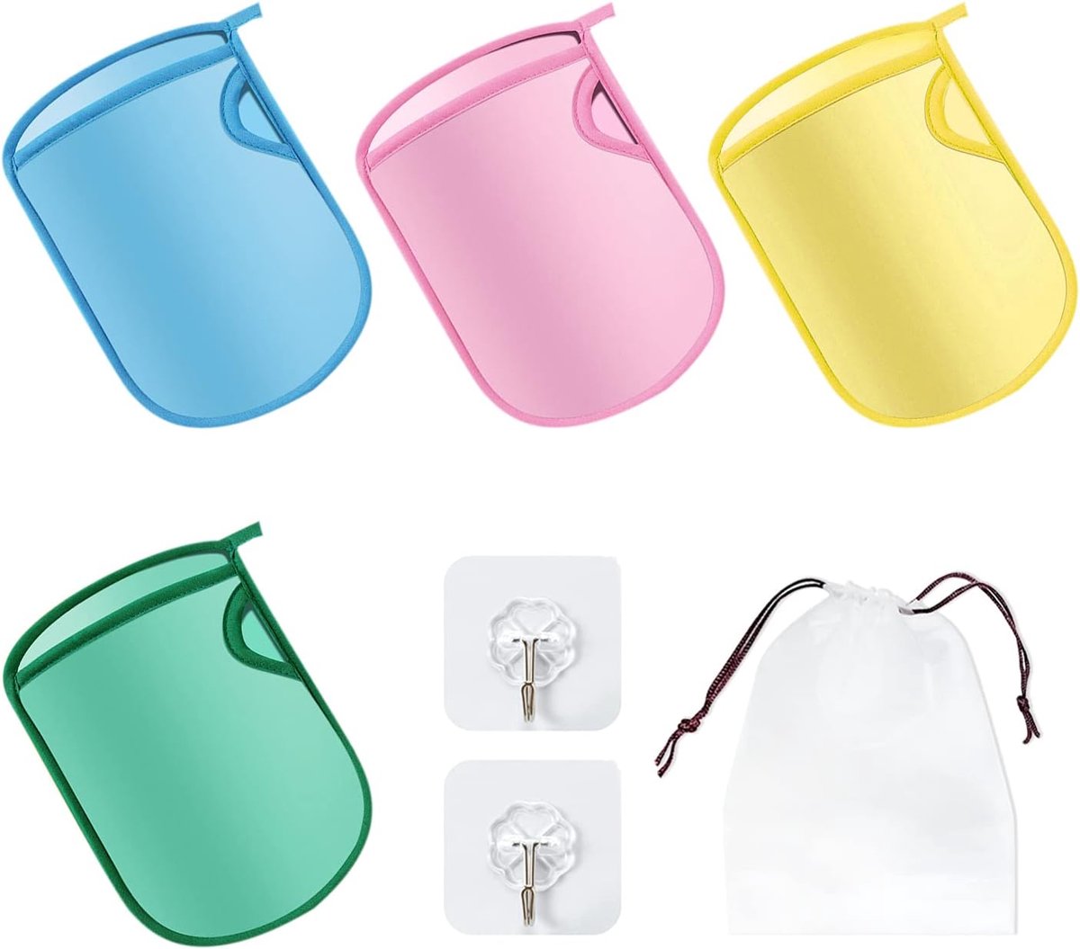 SnelShoppen - 4 Bad Handschoenen, Super Zacht en Peeling met Haken en Opbergzak, Pijnloos, Geschikt voor Volwassenen en Kinderen, Kleur: Geel, Groen,