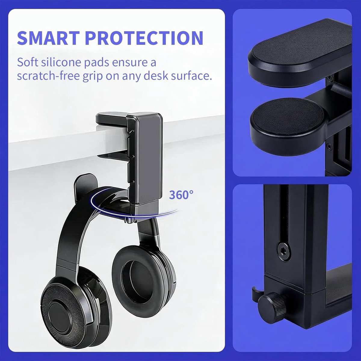 SnelShoppen - 2x Hoofdtelefoonhouder 360° Draaibaar Onder Bureau - Gaming Hoofdtelefoonhouder met Verstelbare Klem 10-40 mm en Kabelclip - Perfect voo