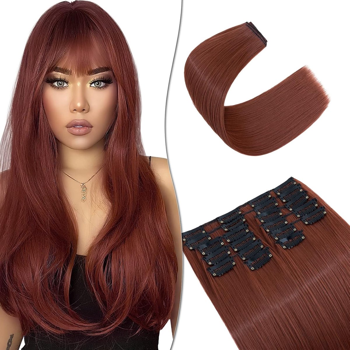 SnelShoppen - 12 Clip-in Haar Extensions Set 55 cm 180 g Auburn Ginger - Natuurlijke Uiterlijk, Verwarmingsbestendig, Voor Volle Hoofd, Perfect voor F
