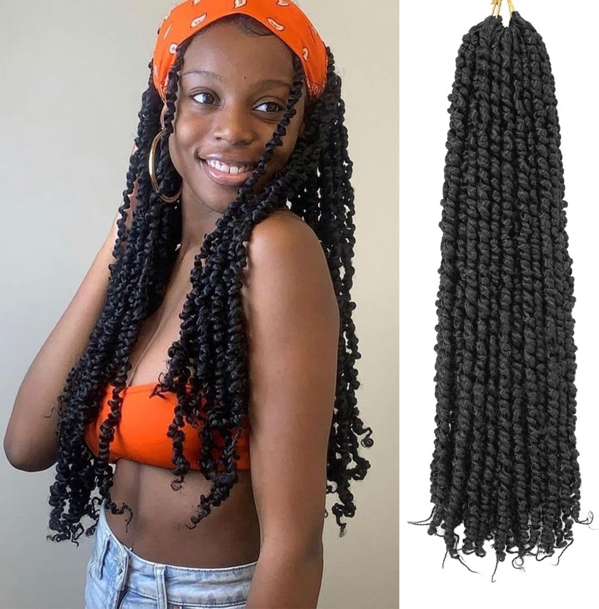 SnelShoppen - 50.5cm Pre Gedraaid Passion Twist Haarkrans, Natuurlijk Zwart, Watergolf Haarkrans, 8 Packs, Voorgevormd, Haarextensies, 1B#