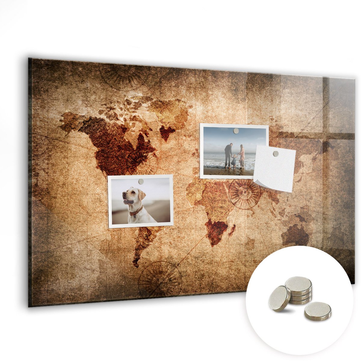 Coloray Glazen Magneetbord - Magnetisch Bord Oude wereldkaart - 60x40 cm - Bruin Magneetbord - Magnetic Board - Magneetbord Design