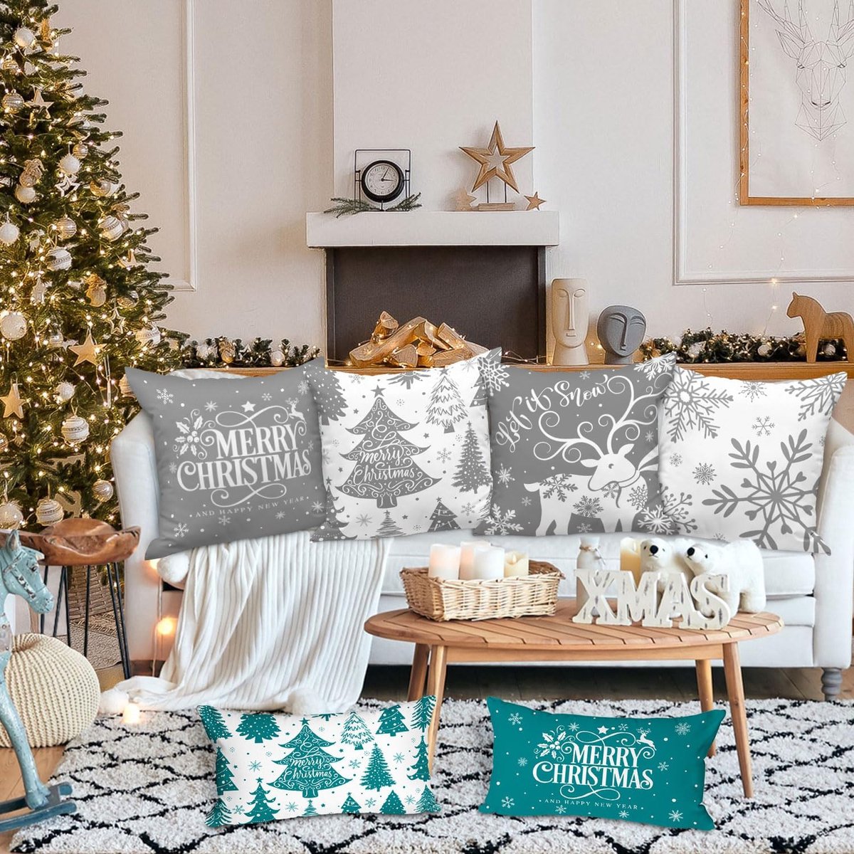 SnelShoppen - Set van 4 Kerst Kussenhoezen 40x40cm Grijs en Wit met Sneeuwvlokken, Decoratieve Kussenhoezen voor Binnen, Sofacovers voor Kerstfeest, K