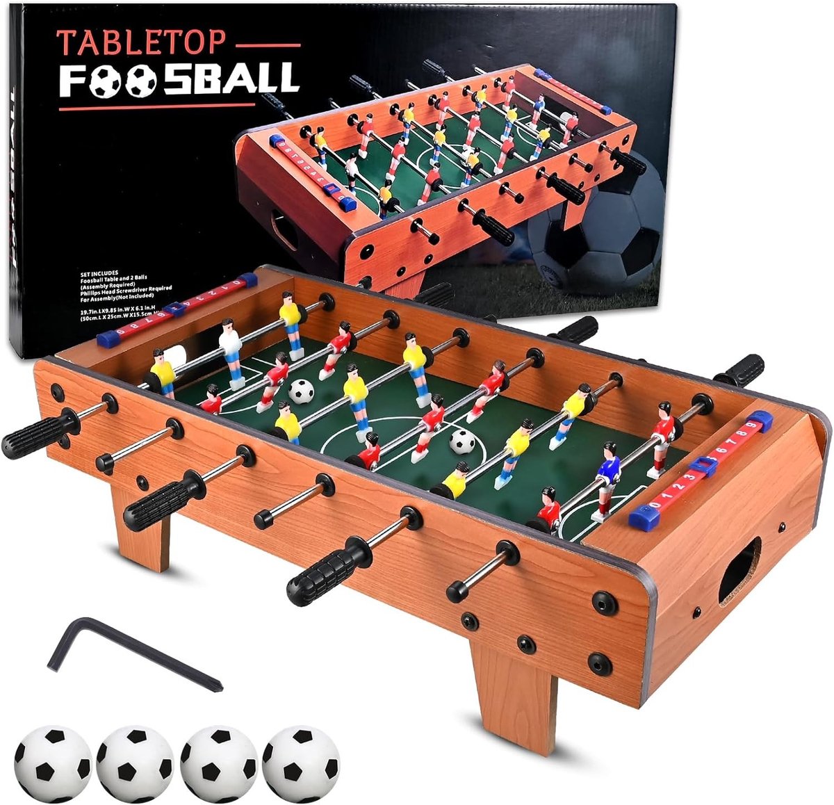 Tafelvoetbalspel van hout met stevige tafelpoten voor kinderen en volwassenen, inclusief 4 voetballen, 50.5 x 24.5 x 15 cm, perfect voor spelletjesavonden en familietijd