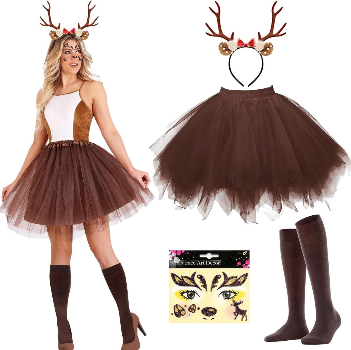 Dames Kostuum met Rendier Cape, Hoofdband en Rok voor Carnaval, Halloween en Cosplay Feesten