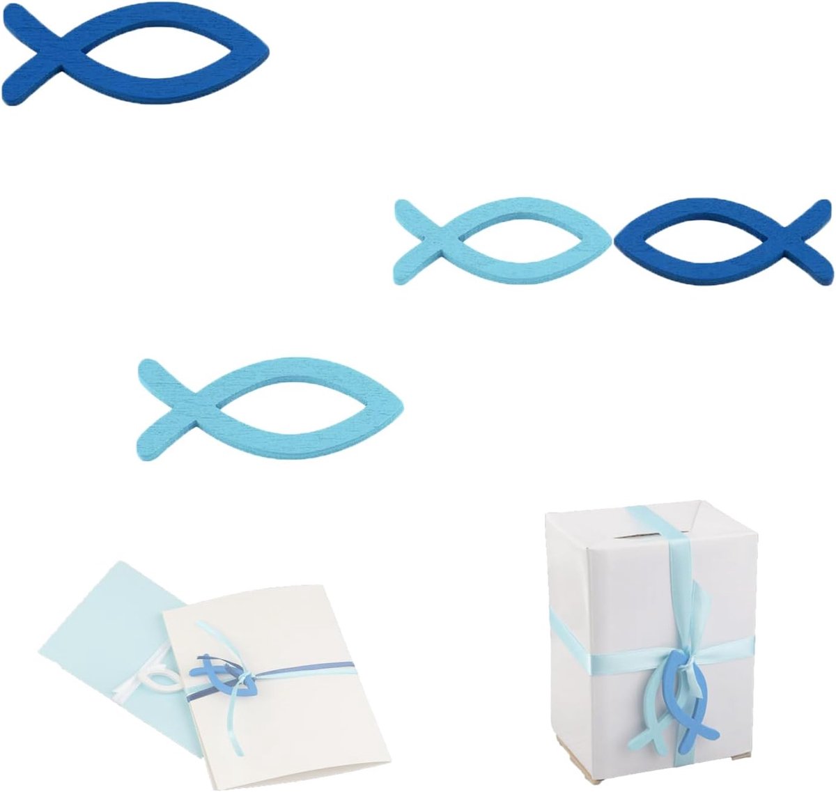 SnelShoppen - Houten Vissen 72 Stuks Decoratieve Vissen voor DIY Creatieve Cadeaus Speciale Dagen Decoratie - Lichtblauw & Donkerblauw, 4cm & 5cm