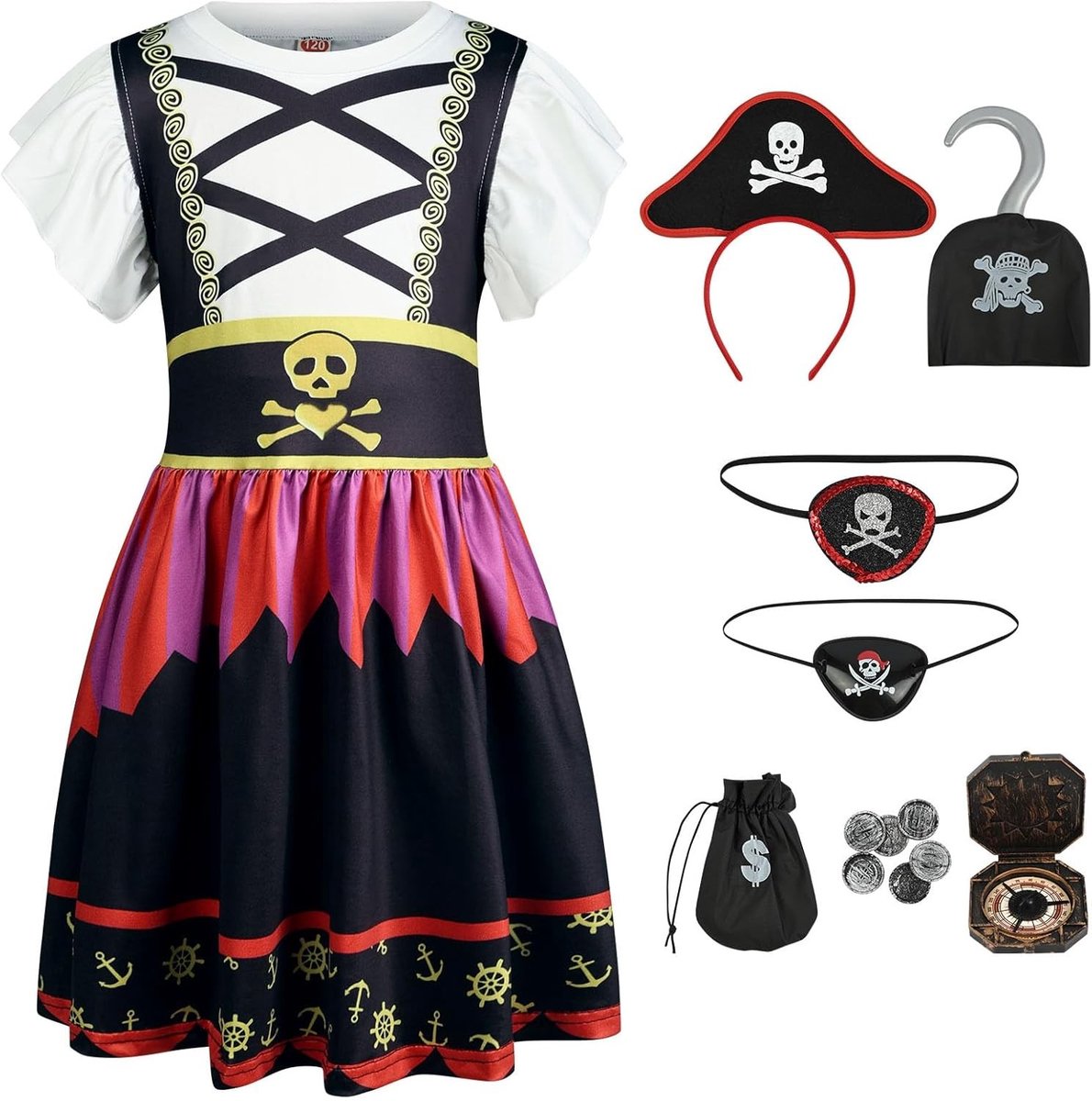 Piratenkostuum voor Meisjes - 7-delig Piraten Rollenspel Verkleedset met Accessoires voor Kinderen, Piratenoutfit voor Verjaardagsfeest en Themaparty