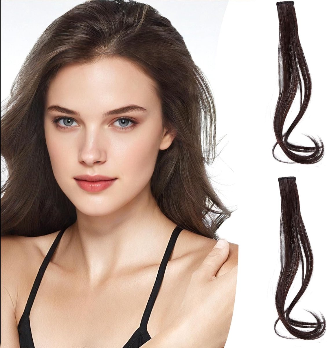 SnelShoppen - 2 Stuks Menselijke Krullende Haar Ponyclips Lange Franje Haarstukken voor Vrouwen Meisjes Natuurlijke Golvende Franje Haar Extensions Br