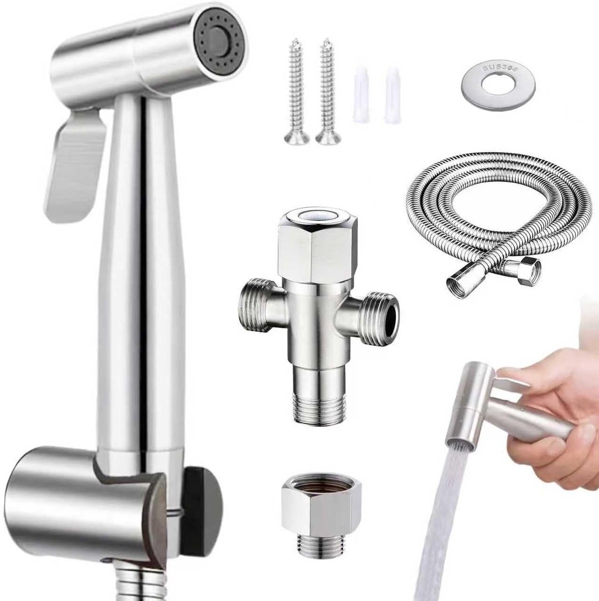 Bidet Handdouche Set met 1,5 m Slang en Adapter voor Toilet, RVS Douche voor Hygiëne, Dierenverzorging en Eenvoudige Montage