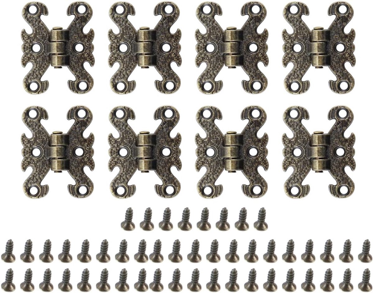 SnelShoppen - 8 Stuks Antieke Vintage Meubeldeur Scharnieren, Antiek Zink Legering Scharnieren, Decoratieve Messing Scharnieren met Schroeven voor Kas
