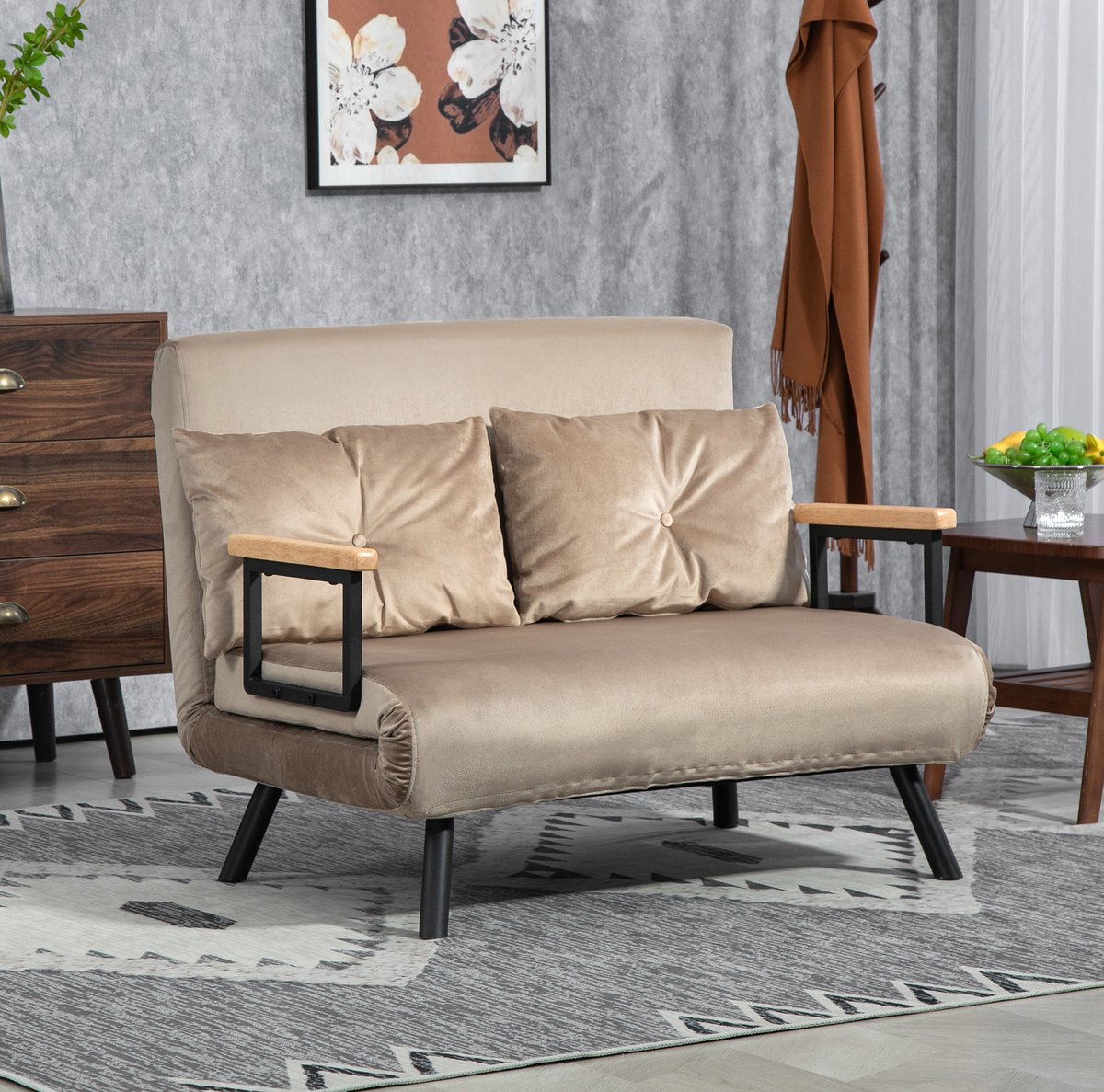 MIVRAY Sofa 102 X 73 X 81 Cm - Slaapbank Met Vijfvoudig Verstelbare Rugleuning - Voor Woonkamer En Kleine Ruimtes - Staal En Stof - Bruin