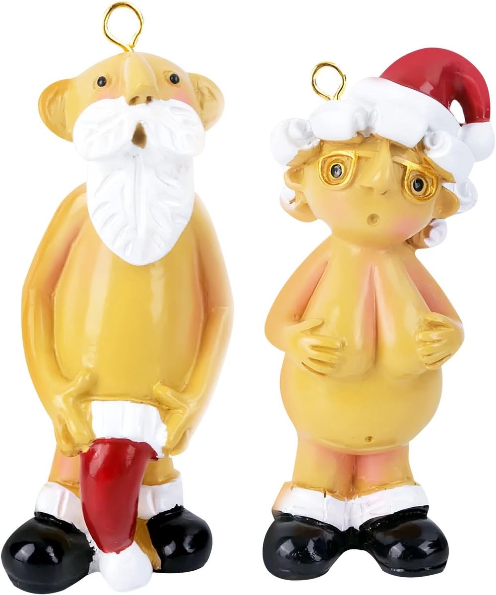 SnelShoppen - 2 Stuks Naakte Kerstman Ornamenten & Caps - 8cm - Grappige Rude Kerstboom Versiering voor Secret Santa Feest