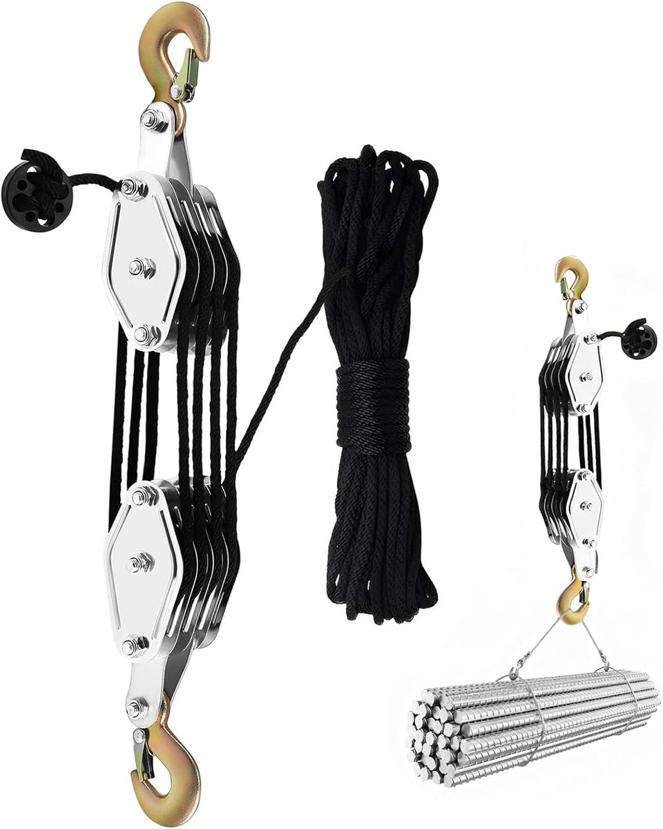 SnelShoppen - 4 Wielen Katrol met Kabelrem, 300 kg Laadvermogen, 20 m Zwarte Nylon Touw, 270 Graden Draaibare Stalen Haak voor Bouwplaats, Transport,