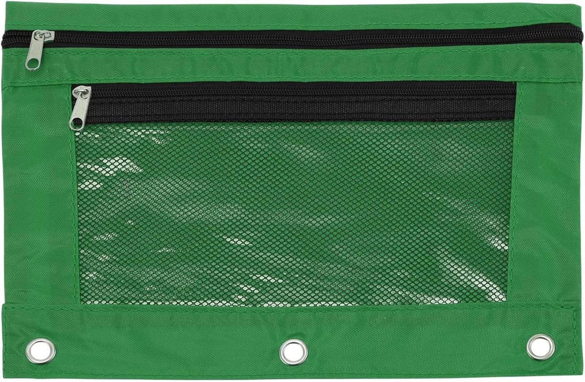 SnelShoppen - Pennenbak voor 3 Ringmappen, Dubbele Laag, Soepele Rits, Transparant Gaasvenster, Map Case, 3 Verstevigde Dots, Groen
