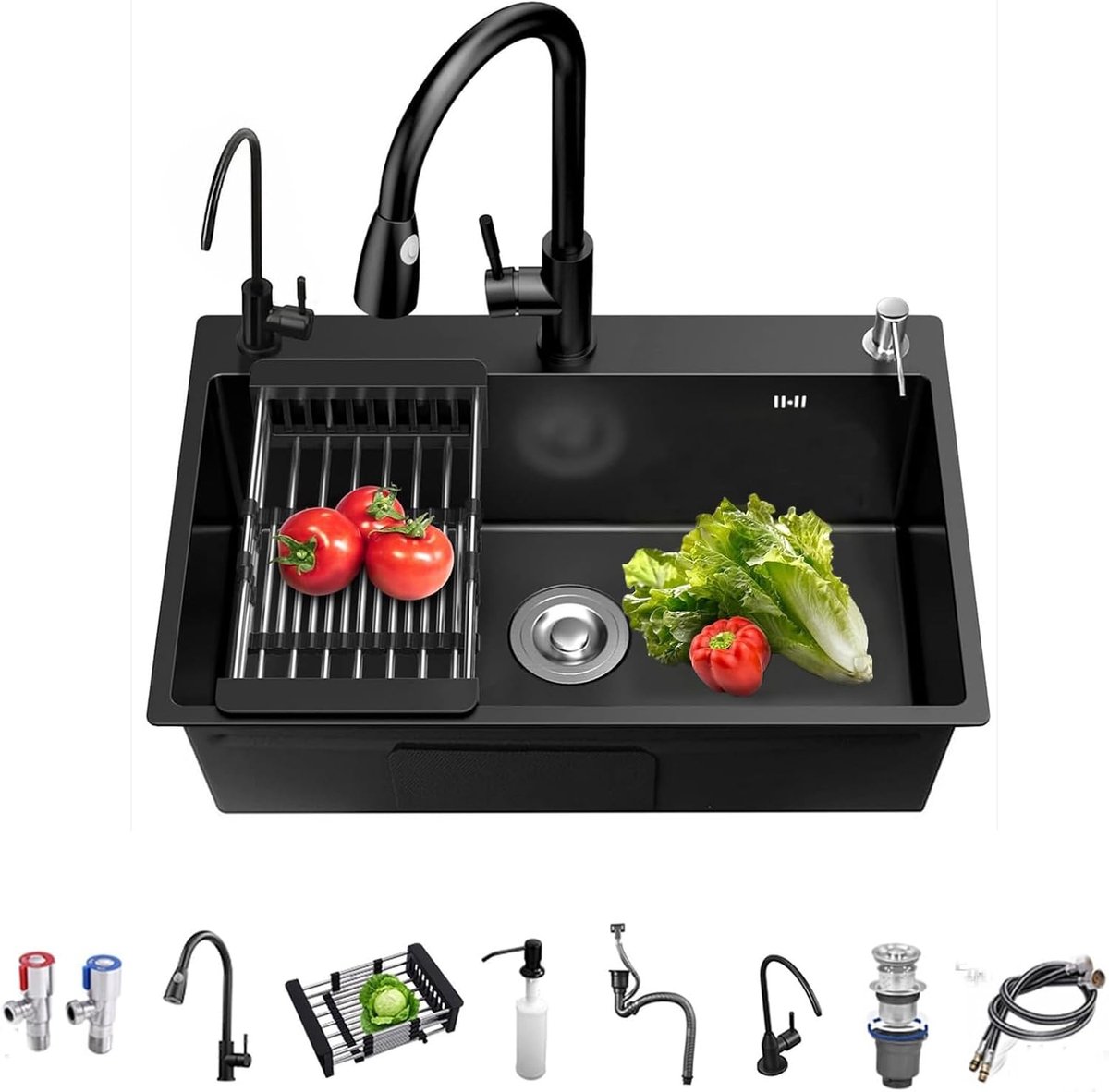 SnelShoppen - Zwarte Keuken Spoelbak 60x45 cm, Werkstation Spoelbak, Bar Spoelbak, Onderbouw RVS, Compleet met Accessoires