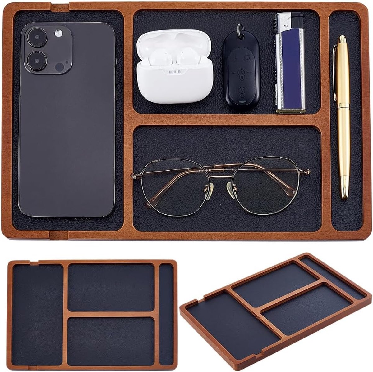 SnelShoppen - Houten Valet Tray met Leren Inleg, Houten Opberg Organizer voor Bureau, Desktop Opbergdoos, EDC Catch All Tray met Kabelslot voor Telefo