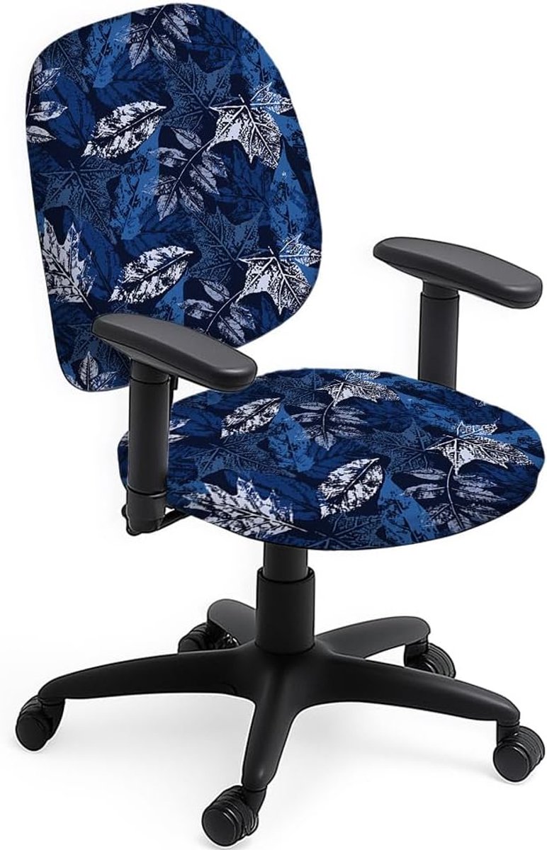 Bureaustoelhoes Set - Stoelhoezen Bureau - Kantoor Decoratie - Getextureerd Bladmotief - 2 Stuks - Donkerblauw