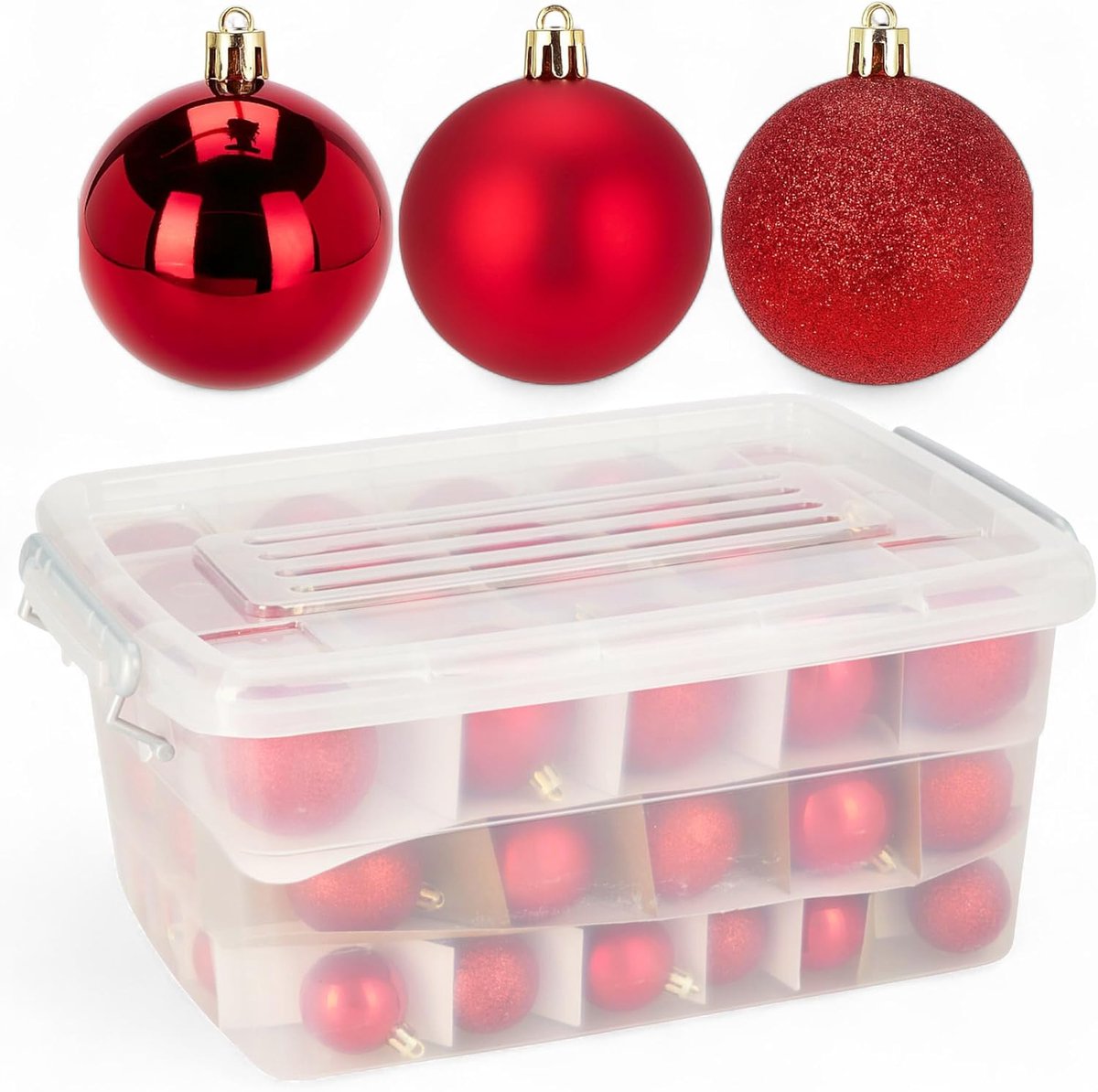 SnelShoppen - Set van 70 Kerstballen in Praktische Opbergdoos, 3 Maten en 3 Afwerkingen, Onbreekbaar en Herbruikbaar, Ideaal voor Kerstboom en Versier