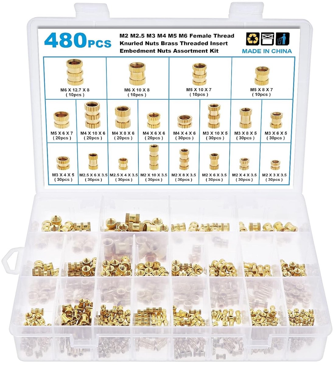 480 Stuks Messing Draad Inserts M2 M2.5 M3 M4 M5 M6 - 3D Print Insert Moeren Assortiment met Opslagdoos en Diverse Maten