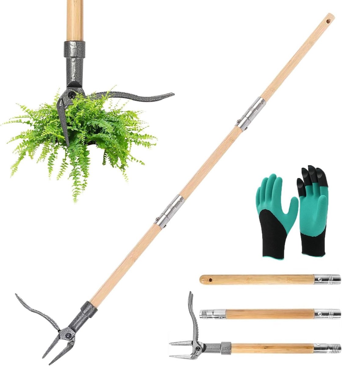 Onkruidverwijderaar met 4 metalen klauwen en antislip voetpedaal, 111 cm lange steel, ergonomisch ontwerp voor gemakkelijk gebruik en effectieve wortelverwijdering