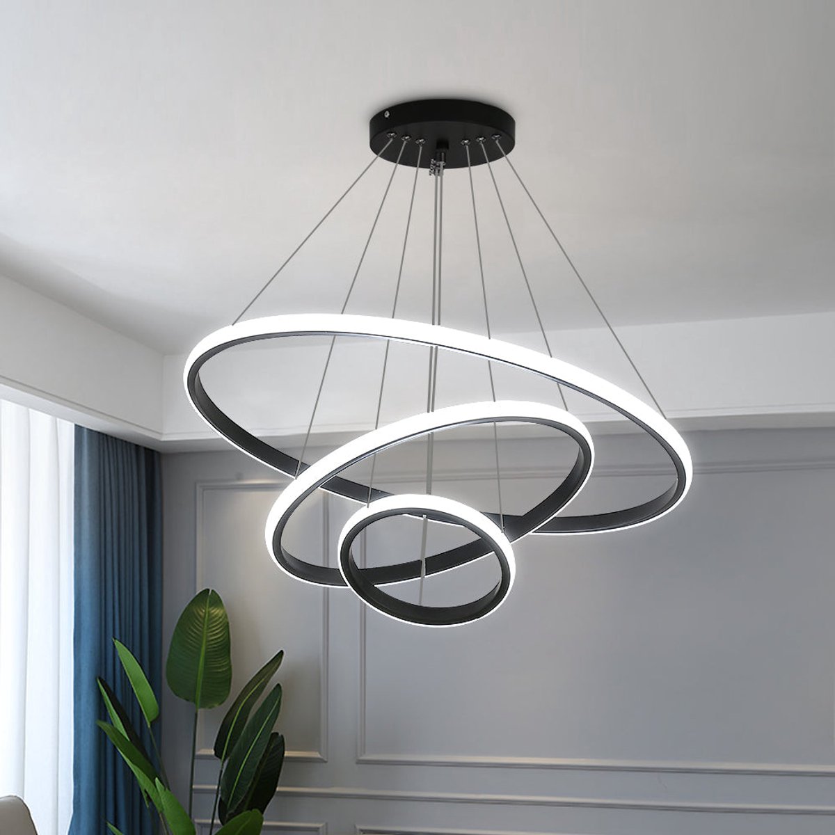 Riserva LED Hanglamp 3 Ringen - 36W - 4050 lm - 3000K/4000K/6500K 3 Lichtkleuren - Zwart - Moderne Hanglamp voor Woonkamer, Eetkamer en Keuken