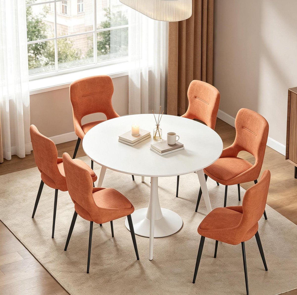 OKWISH Eetkamerstoel - Set Van 6 - Chenille Bekleding En Ergonomische Rugleuning - Voor Eetkamer Of Woonkamer - Metaal - Oranje