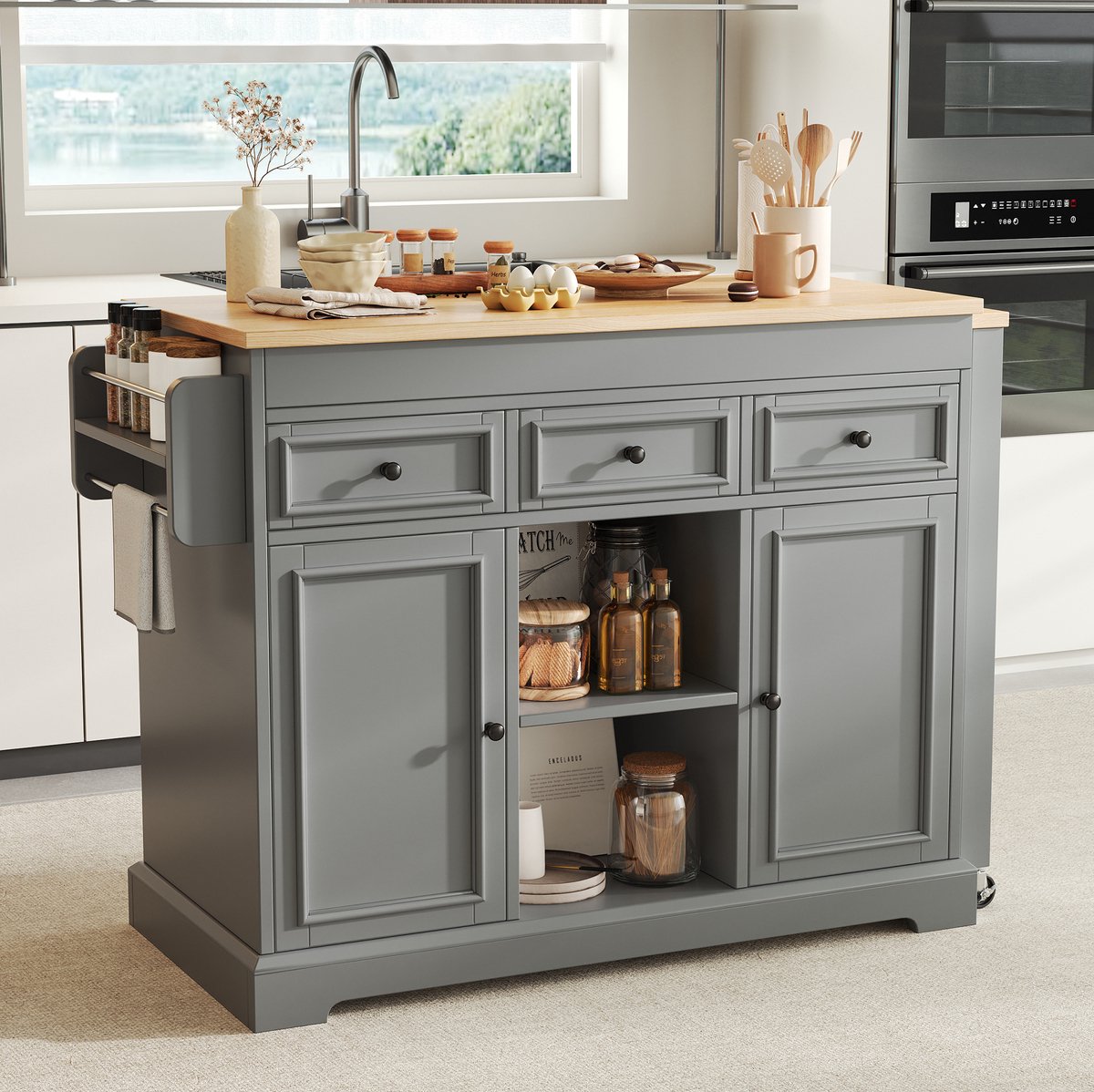Wishdor - Keukenkast - Uitschuifbaar werkblad - Laden en kruidenrek - Modern - Keuken en eetkamer - Houtlook en MDF - Grijs - 112-188 x 45 x 92 cm