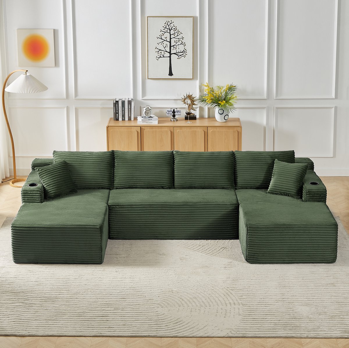 Wishdor - U-bank - modulair 6-zits met diepe zitting - minimalistisch voor woonkamer - corduroy stof - groen - zonder montage