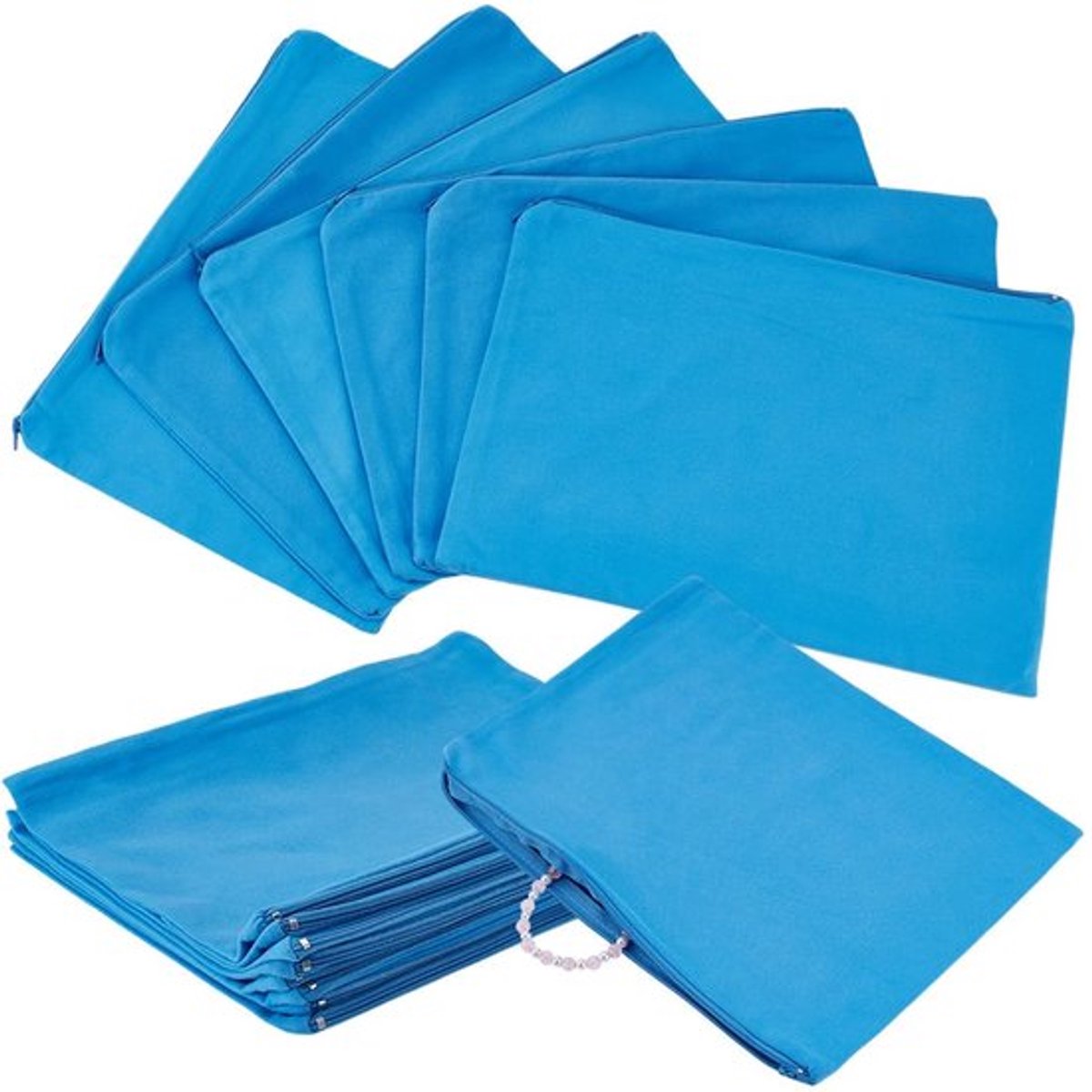Set van 10 blauwe opbergzakjes van microfiber met ritssluiting, 22x30 cm, voor het veilig bewaren van oorbellen, armbanden en ringen met beschermende zilverkleurige binnenkant