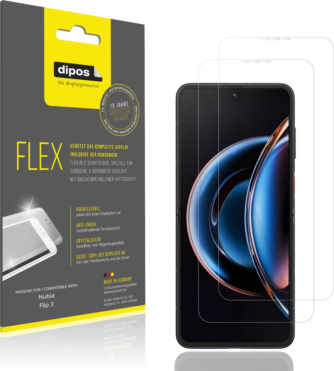 dipos – 2x Beschermfolie geschikt voor Nubia Flip 3 Innenseite | 3D Full Cover Screenprotector | 100% Passend