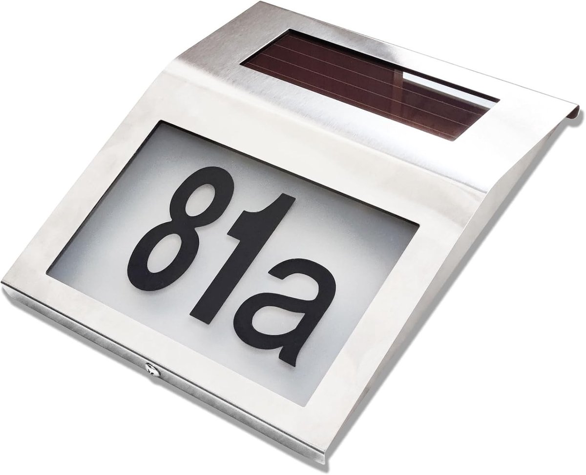 Verlichte Huisnummer en Naamplaat met Solar LED, RVS, IP65 Waterdicht, Automatische Twilight Schakelaar, Cijfers 0-9 en Letters A-H