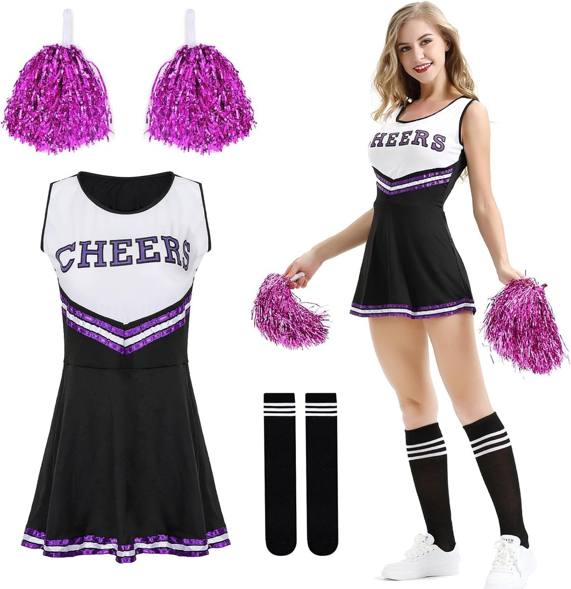 Cheerleader kostuum voor vrouwen en meisjes, perfect voor carnaval, Halloween en themafeesten met pompoms en sokken
